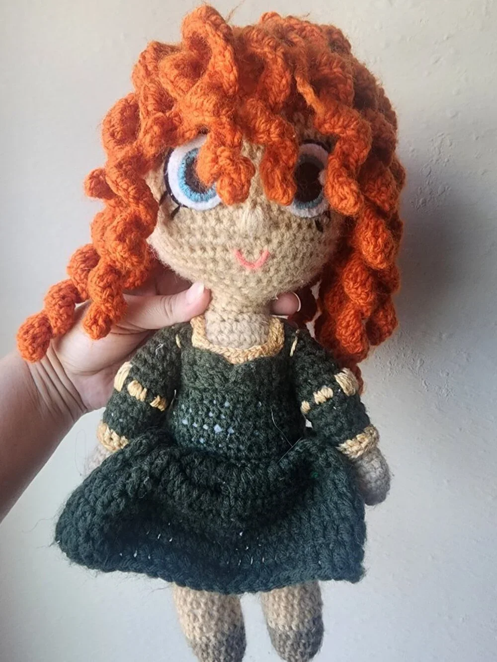 Handmade Crocheted Doll Merida with Red Hair, Green Dress and Accessories